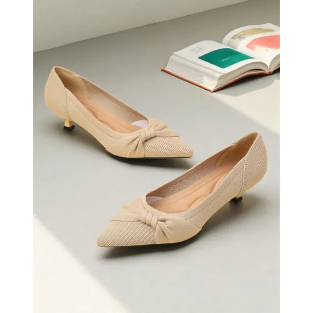 Women's Beige Mesh Pointed Toe Kitten Heels with Bow Detail - Comfortable and Stylish Low Heel Pumps for Casual and Office Wear