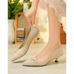 Women's Beige Mesh Pointed Toe Kitten Heels with Bow Detail - Comfortable and Stylish Low Heel Pumps for Casual and Office Wear