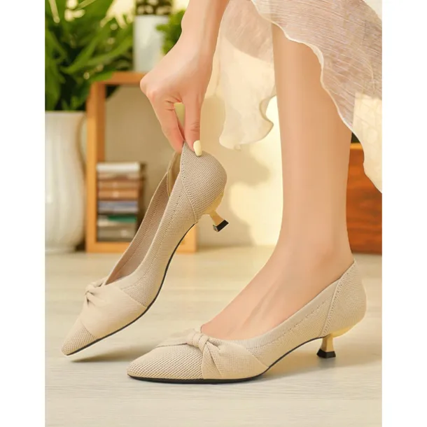 Women's Beige Mesh Pointed Toe Kitten Heels with Bow Detail - Comfortable and Stylish Low Heel Pumps for Casual and Office Wear