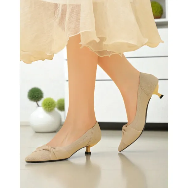 Women's Beige Mesh Pointed Toe Kitten Heels with Bow Detail - Comfortable and Stylish Low Heel Pumps for Casual and Office Wear