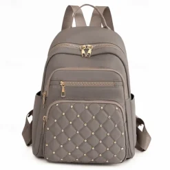 Women's Beige Quilted Backpack with Gold Studs – Stylish Oxford Cloth School Bag for Travel, Work & Daily Use