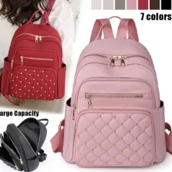 Women's Beige Quilted Backpack with Gold Studs – Stylish Oxford Cloth School Bag for Travel, Work & Daily Use