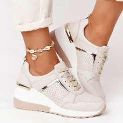 Women's Beige Wedge Sneakers with Metallic Accents – Comfortable and Stylish Platform Shoes for Casual and Everyday Wear