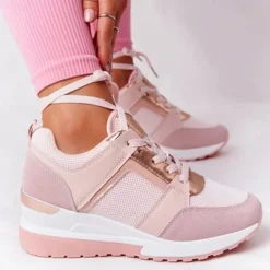 Women's Beige Wedge Sneakers with Metallic Accents – Comfortable and Stylish Platform Shoes for Casual and Everyday Wear