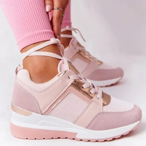 Women's Beige Wedge Sneakers with Metallic Accents – Comfortable and Stylish Platform Shoes for Casual and Everyday Wear