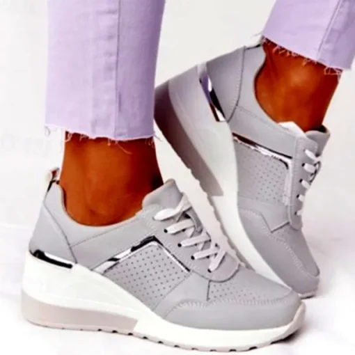 Women's Beige Wedge Sneakers with Metallic Accents – Comfortable and Stylish Platform Shoes for Casual and Everyday Wear