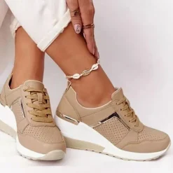 Women's Beige Wedge Sneakers with Metallic Accents – Comfortable and Stylish Platform Shoes for Casual and Everyday Wear