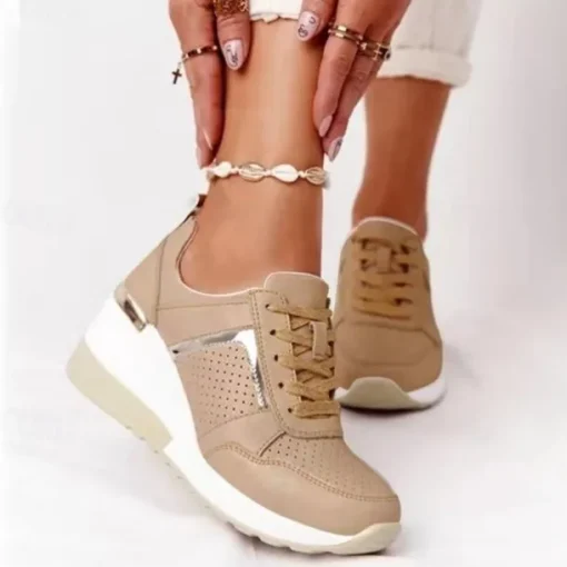 Women's Beige Wedge Sneakers with Metallic Accents – Comfortable and Stylish Platform Shoes for Casual and Everyday Wear
