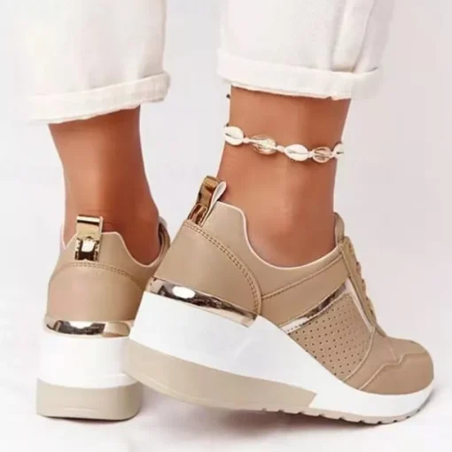 Women's Beige Wedge Sneakers with Metallic Accents – Comfortable and Stylish Platform Shoes for Casual and Everyday Wear
