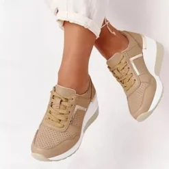 Women's Beige Wedge Sneakers with Metallic Accents – Comfortable and Stylish Platform Shoes for Casual and Everyday Wear