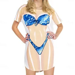 Women's Bikini Shirt Cover Up Dress Funny Cute Bikini Print for Swimwear Short Sleeve 3D Graphic Baggy Swimwear Cover-Up