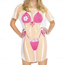 Women's Bikini Shirt Cover Up Dress Funny Cute Bikini Print for Swimwear Short Sleeve 3D Graphic Baggy Swimwear Cover-Up