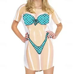 Women's Bikini Shirt Cover Up Dress Funny Cute Bikini Print for Swimwear Short Sleeve 3D Graphic Baggy Swimwear Cover-Up