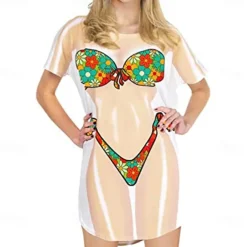 Women's Bikini Shirt Cover Up Dress Funny Cute Bikini Print for Swimwear Short Sleeve 3D Graphic Baggy Swimwear Cover-Up