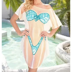 Women's Bikini Shirt Cover Up Dress Funny Cute Bikini Print for Swimwear Short Sleeve 3D Graphic Baggy Swimwear Cover-Up