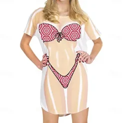Women's Bikini Shirt Cover Up Dress Funny Cute Bikini Print for Swimwear Short Sleeve 3D Graphic Baggy Swimwear Cover-Up