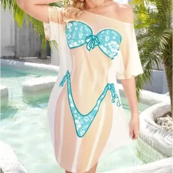 Women's Bikini Shirt Cover Up Dress Funny Cute Bikini Print for Swimwear Short Sleeve 3D Graphic Baggy Swimwear Cover-Up