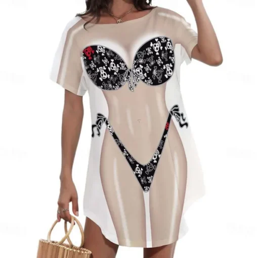 Women's Bikini Shirt Cover Up Dress Funny Cute Bikini Print for Swimwear Short Sleeve 3D Graphic Baggy Swimwear Cover-Up