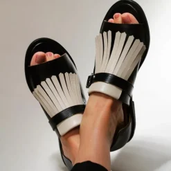 Women's Black and Beige Fringe Sandals – Open-Toe Faux Leather Flats with Adjustable Buckle for Casual and Summer Outfits