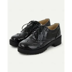 Women's Black and White Brogue Oxford Shoes – Patent Faux Leather Lace-Up, Chunky Sole, Vintage Style for Formal and Casual Wear