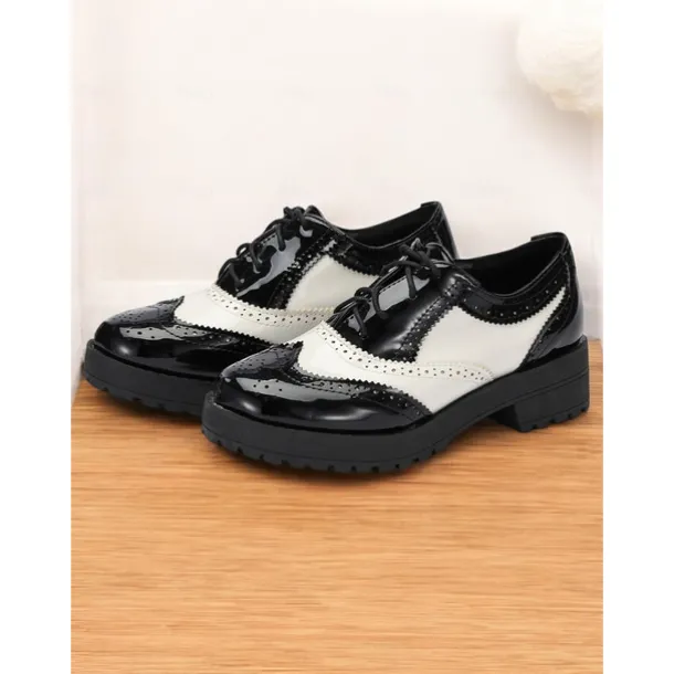 Women's Black and White Brogue Oxford Shoes – Patent Faux Leather Lace-Up, Chunky Sole, Vintage Style for Formal and Casual Wear