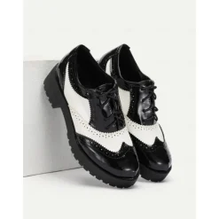 Women's Black and White Brogue Oxford Shoes – Patent Faux Leather Lace-Up, Chunky Sole, Vintage Style for Formal and Casual Wear