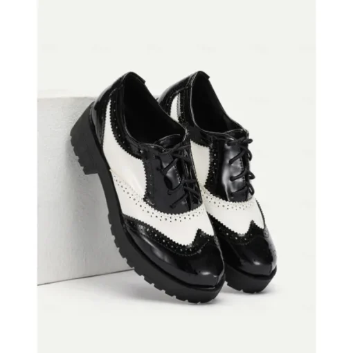 Women's Black and White Brogue Oxford Shoes – Patent Faux Leather Lace-Up, Chunky Sole, Vintage Style for Formal and Casual Wear