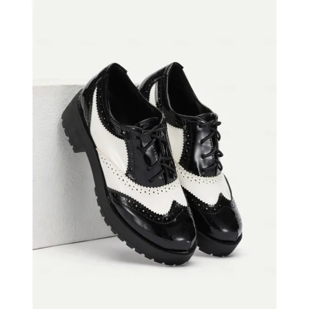Women's Black and White Brogue Oxford Shoes – Patent Faux Leather Lace-Up, Chunky Sole, Vintage Style for Formal and Casual Wear