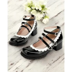 Women's Black and White Scalloped Mary Jane Block Heels – Patent Faux Leather Lolita Platform Shoes with Heart Buckles for Vintage or Cosplay Outfits