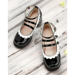 Women's Black and White Scalloped Mary Jane Block Heels – Patent Faux Leather Lolita Platform Shoes with Heart Buckles for Vintage or Cosplay Outfits