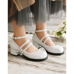 Women's Black and White Scalloped Mary Jane Block Heels – Patent Faux Leather Lolita Platform Shoes with Heart Buckles for Vintage or Cosplay Outfits