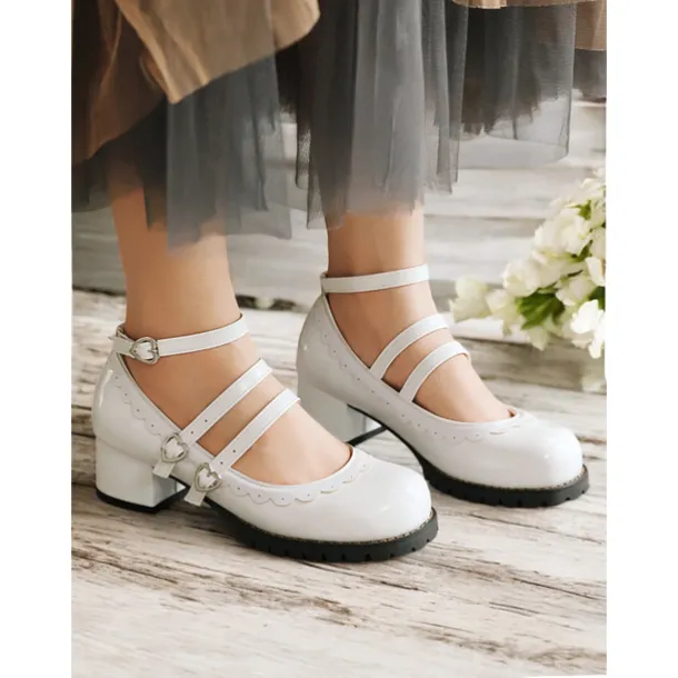 Women's Black and White Scalloped Mary Jane Block Heels – Patent Faux Leather Lolita Platform Shoes with Heart Buckles for Vintage or Cosplay Outfits
