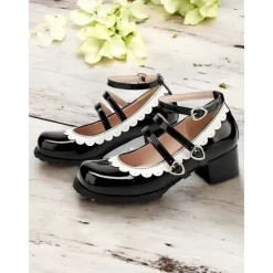 Women's Black and White Scalloped Mary Jane Block Heels – Patent Faux Leather Lolita Platform Shoes with Heart Buckles for Vintage or Cosplay Outfits