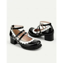 Women's Black and White Scalloped Mary Jane Block Heels – Patent Faux Leather Lolita Platform Shoes with Heart Buckles for Vintage or Cosplay Outfits