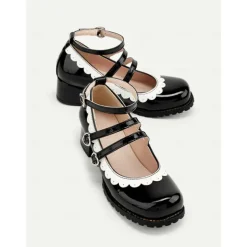 Women's Black and White Scalloped Mary Jane Block Heels – Patent Faux Leather Lolita Platform Shoes with Heart Buckles for Vintage or Cosplay Outfits