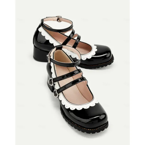 Women's Black and White Scalloped Mary Jane Block Heels – Patent Faux Leather Lolita Platform Shoes with Heart Buckles for Vintage or Cosplay Outfits