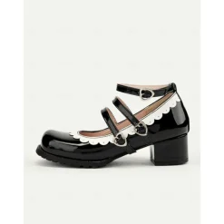 Women's Black and White Scalloped Mary Jane Block Heels – Patent Faux Leather Lolita Platform Shoes with Heart Buckles for Vintage or Cosplay Outfits