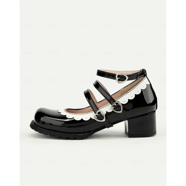 Women's Black and White Scalloped Mary Jane Block Heels – Patent Faux Leather Lolita Platform Shoes with Heart Buckles for Vintage or Cosplay Outfits