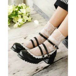 Women's Black and White Scalloped Mary Jane Block Heels – Patent Faux Leather Lolita Platform Shoes with Heart Buckles for Vintage or Cosplay Outfits