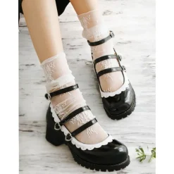 Women's Black and White Scalloped Mary Jane Block Heels – Patent Faux Leather Lolita Platform Shoes with Heart Buckles for Vintage or Cosplay Outfits