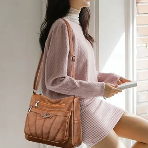 Women's Black Brown Crossbody Bag with Multiple Zippered Pockets - Stylish & Practical Everyday Shoulder Bag for Work & Casual Use