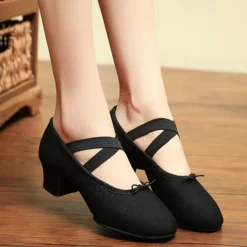 Women's Black Canvas Dance Shoes – Lightweight, Flexible Ballet Flats with Cross-Strap Design for Jazz, Ballet, and Dance Classes