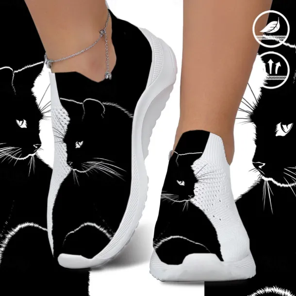 Women's Black Cat Print Slip-On Sneakers – Breathable Knit Walking Shoes for Casual Wear, Travel, and Cat Lovers