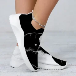 Women's Black Cat Print Slip-On Sneakers – Breathable Knit Walking Shoes for Casual Wear, Travel, and Cat Lovers