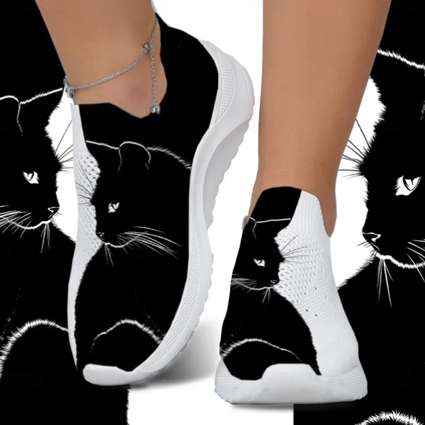 Women's Black Cat Print Slip-On Sneakers – Breathable Knit Walking Shoes for Casual Wear, Travel, and Cat Lovers