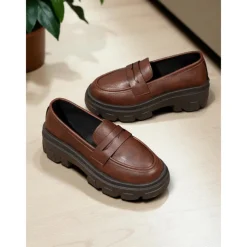 Women's Black Chunky Loafers with Platform Sole - Trendy Slip-On Casual Shoes for Everyday Wear, Office, and Weekend Outings