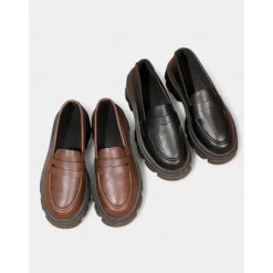 Women's Black Chunky Loafers with Platform Sole - Trendy Slip-On Casual Shoes for Everyday Wear, Office, and Weekend Outings