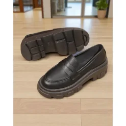 Women's Black Chunky Loafers with Platform Sole - Trendy Slip-On Casual Shoes for Everyday Wear, Office, and Weekend Outings