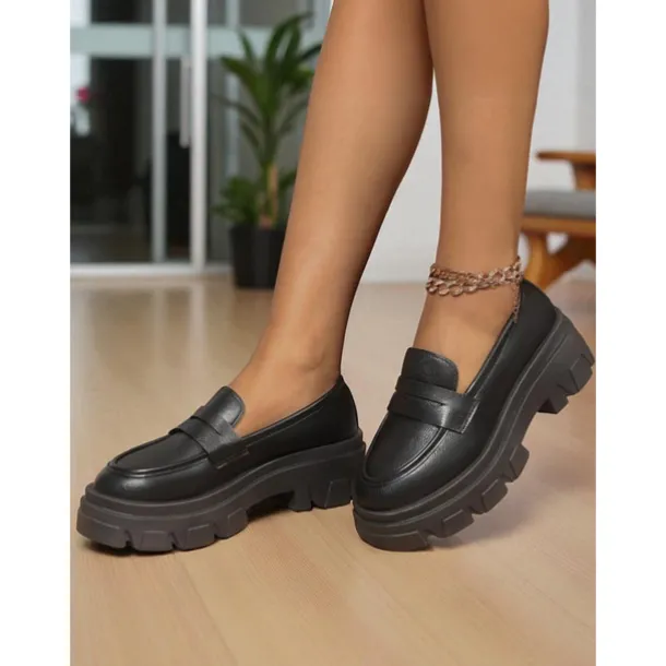 Women's Black Chunky Loafers with Platform Sole - Trendy Slip-On Casual Shoes for Everyday Wear, Office, and Weekend Outings
