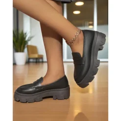Women's Black Chunky Loafers with Platform Sole - Trendy Slip-On Casual Shoes for Everyday Wear, Office, and Weekend Outings